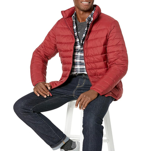 Mens Lightweight <b>Packable</b> Puffer <b>Jacket</b> Insulated Full Zip Quilted Coat with High Neck Collar in Brick Red for Cold Weather - Product Image 4