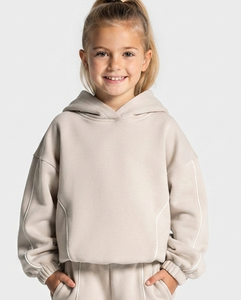 Ensemble de survêtement personnalisé pour filles, couleur crème, avec lignes contrastées, en molleton de coton doux et respirant, comprenant un sweat à capuche et un pantalon de survêtement à jambes larges, fabrication OEM - Product Image 6