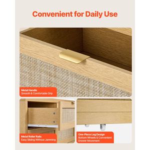 ตู้ลิ้นชักไม้สไตล์โมเดิร์น 6 ลิ้นชัก พร้อมหวายธรรมชาติ ตู้ลิ้นชักคู่สำหรับห้องนอนพร้อมมือจับโลหะ ตู้ไม้สไตล์โมเดิร์นสำหรับเก็บเสื้อผ้า - Product Image 6