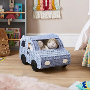 Voiture jouet en rotin écologique bleu clair pour enfants, automobile en osier tressé à la main avec roues détaillées pour le rangement des jouets - Product Image 2