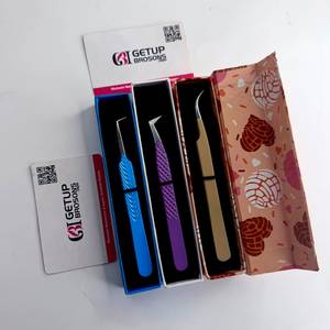Pince à épiler pour cils GETUP BROSONS, en acier inoxydable, outil de précision, emballage en boîte bleu, violet, or, logo personnalisé - Product Image 1