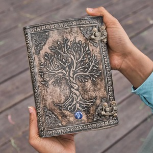 Tree Life Leather Journal Handmade Vintage A5 Notebook <b>Sewing</b> Bound Gift 2 Color Choices 220 Vintage Paper Brass Locks - Product Image 1