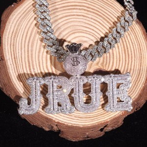 JRUE Moissanite Pendant 925 Silver Rhodium Plated Hip Hop <b>Chain</b> Necklace Men's Letter Charm Everyday Wear - Product Image 5