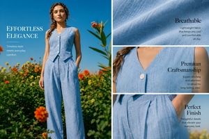 Conjunto de Ropa Casual a Cuadros con Aspecto de Lino para Mujer, Chaleco sin Mangas con Botones, Pantalones Anchos, Conjunto de 2 Piezas, Elegante, Talla XXS - Product Image 5