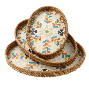Plateau de service artisanal en nacre et rotin, écologique, élégant, avec incrustation mosaïque, style bohème moderne, pour la décoration de la maison, compatible lave-vaisselle et micro-ondes - Product Image 5