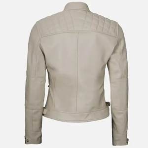 แจ็คเก็ตบอมเบอร์หนังแท้สไตล์วินเทจสำหรับผู้หญิง สีเบจ พิมพ์โลโก้ตามสั่ง รุ่นใหม่ RTS พร้อมคุณสมบัติกันน้ำ - Product Image 2