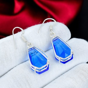 <b>Blue</b> Stone <b>Earrings</b> 925 Sterling <b>Silver</b> Coffin Shape Gemstone Dangle <b>Earrings</b> Handmade Statement Jewelry For Women - Product Image 3