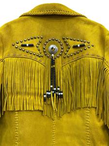 Yellow <b>Suede</b> <b>Leather</b> Knitted Fringe Bomber <b>Jacket</b> Western Style Women's Covered Button Closure Regular Length Spring Autumn - Product Image 4