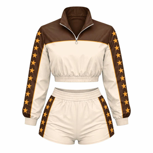Conjunto Deportivo Corto para Mujer con Diseño de Rayas y Estrellas, Chaqueta con Cierre de Cremallera y Pantalones Cortos, Ropa Deportiva Informal para Primavera - Product Image 1