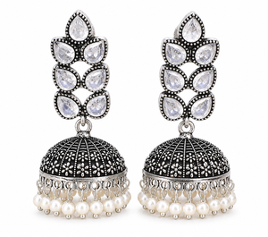 White Brass Zircon Oxidized Jhumka Drop <b>Earrings</b> Antique <b>Silver</b> Pearl Boho Wedding Jewelry Bulk Supplier - Product Image 2