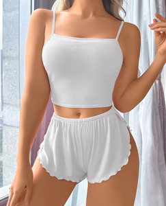 White Knitted Lounge Set Women Sleeveless Cami Shorts Two Piece Solid Color Summer Sleepwear Soft Elastic Waist - Product Image 6
