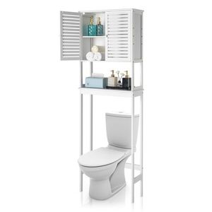 Mobile Bagno Moderno Bianco a 2 Ante e 1 Ripiano in Bambù, Armadietto WC in Legno Massello Ecologico per Casa, Cucina o Hotel - Product Image 1