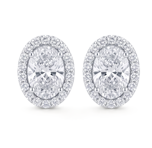 Boucles d'oreilles clous ovales premium avec halo de diamants de laboratoire certifiés IGI, en or massif 10K 14K 18K, solitaires, pour mariée, bijoux de mariage - Product Image 1