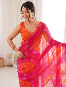 Sari Tradicional Bordado Bandhani de Georgette para Mujer KV con Blusa Reversible de Secado Rápido y Sin Arrugas (Rosa) - Product Image 1