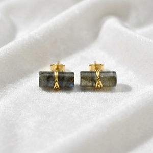 Ratnarachit Labradorite <b>Earrings</b> 12x5mm Rounded Rectangle Wire Wrapped Gold Plated Minimalist <b>Studs</b> for Gift - Product Image 5