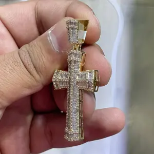 Collar de Lujo con Colgante de Cruz de Oro 10K de Alta Calidad, con Diamantes Baguette y Redondos, Estilo Hip Hop, para Hombre, Amuleto Religioso - Product Image 1
