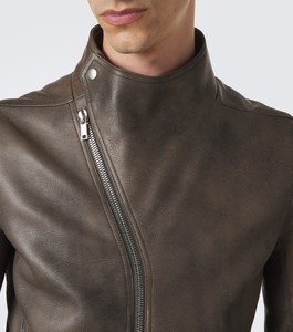 <b>Men's</b> Brown Leather Moto <b>Jacket</b> Stand Collar Zipper Closure Slim Fit Regular Length Solid Color Genuine Leather <b>Biker</b> Style - Product Image 3