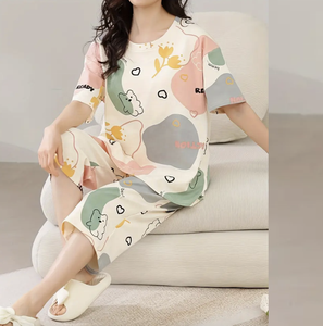 Conjunto de Pijama de Verano para Mujer, 2 Piezas, Mezcla de Poliéster/Algodón, Estampado, Transpirable, de Secado Rápido, Antibacterial, Cuello Alto - Product Image 4