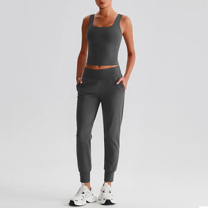 Ensemble de yoga pour femmes, 2 pièces, couleur unie, haut court, pantalon de jogging taille haute, sans couture, respirant, spandex, polyester, longueur cheville - Product Image 6
