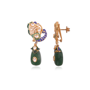 Pendientes de Plata de Lujo Hechos a Mano con Diseño de Pavo Real Jadau, Incrustaciones de Cristal Meenakari Azul Verdoso y Gotas de Aventurina Verde Jadau - Product Image 3