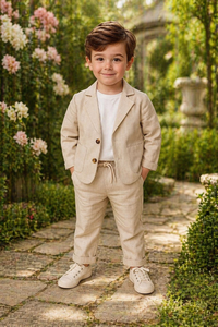 Ensemble de costume en lin rose clair pour garçons – Veste décontractée et pantalon à cordon de serrage pour mariages, fêtes et événements estivaux - Product Image 2