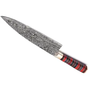 Top Quality Custom Handmade Damascus Steel Blade with Forged Hand knife Kitchen Knife Meat Chef Knife with Leather Sheath.