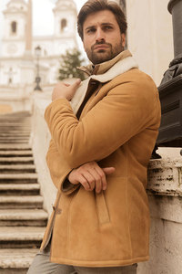 Men's Tan Suede Leather Jacket With <b>Faux</b> <b>Fur</b> Lining Turn-down Collar Windproof Winter <b>Coat</b> Regular Fit Casual Style - Product Image 3