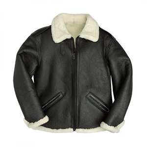 Chaqueta de Invierno con Cuello de Piel Blanca, Chaqueta de Aviador de Cuero Genuino de Piel de Oveja, Chaqueta Bomber con Cuello Plegable - Product Image 1