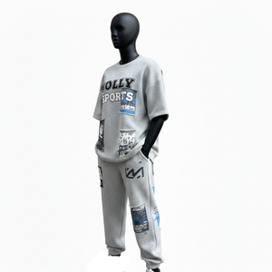 Conjunto de camiseta y pantalón deportivo para mujer, 280 GSM, algodón y poliéster, gris, con paneles de patchwork, impresión de logotipo personalizado, conjuntos para mujer - Product Image 4