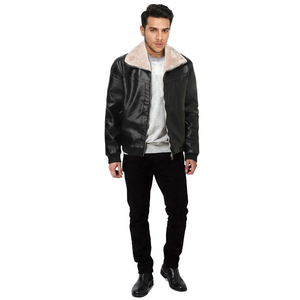 <b>Leather</b> <b>Jacket</b> Bomber with Removable Real Fur Collar Front Zip Closure Multiple Pockets <b>jacket</b> for men - Product Image 1