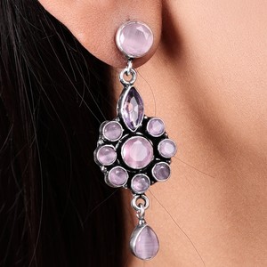 Antique Silver Plated Brass Monalisa Pink Stone Trendy Lovers Drop Earrings Women | Ethnic Handmade Anniversary | Bulk Wholesale - Product Image 3