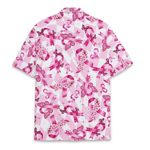 Camisa hawaiana con lazo rosa para mujer, camiseta de apoyo al cáncer de mama, camisa de playa para vacaciones de verano, linda camisa con botones con estampado floral y de mariposas - Product Image 3