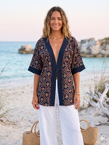Blusa Kimono de Verano para Mujer, Estilo Bohemio, Estampado Paisley, Cuello en V, Manga Corta, Corte Holgado, Transpirable, de Rayón, Personalizable - Product Image 6