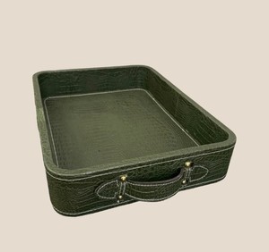 Plateau de service rectangulaire en bois et cuir émaillé, plateau à cocktails haut de gamme, compatible lave-vaisselle, Art Contemporain, Exportations Empire - Product Image 1