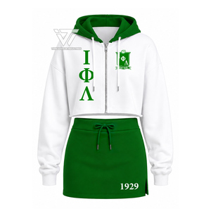Ropa al por mayor de la hermandad griega Iota Phi Lambda, conjunto de dos piezas para mujer, sudadera corta con cremallera bordada en dos tonos y minifalda - Product Image 1