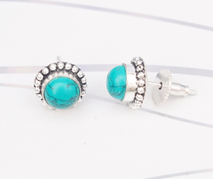 Natural Turquoise 925 Sterling <b>Silver</b> <b>Stud</b> Round Beaded Border Fine <b>Stud</b> Gemstone <b>Silver</b> Earring - Product Image 1