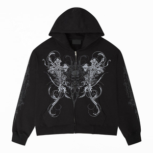 <b>Gothic</b> Printed Hooded Zipper Sweatshirt Men Black Skull Cross Design Regular Fit Autumn Streetwear Knitted Cotton <b>Jacket</b> - Product Image 1
