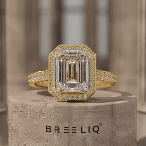 Emerald Cut Diamond Halo Engagement Ring Yellow Gold Pave Band Vintage Style <b>Bridal</b> Wedding Proposal Ring - Product Image 1