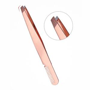 Pince à épiler oblique avec brosse-peigne en acier inoxydable, outil professionnel pour extensions de cils et épilation du visage - Product Image 6