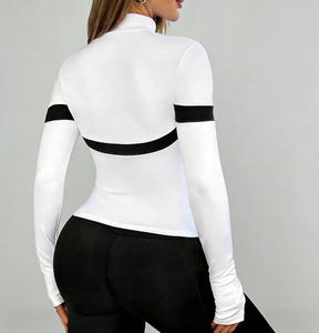 Women Slim Fit Color Block Zip Up Workout <b>Top</b> Stand Collar Long Sleeve Athletic Shirt with <b>Thumb</b> <b>Holes</b> Quick Dry for Daily Wear - Product Image 3