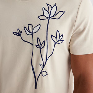 Men's <b>Cream</b> Short Sleeve <b>T</b>-<b>Shirt</b> With Floral Embroidery O-Neck Regular Fit Casual Jersey Cotton Top - Product Image 5