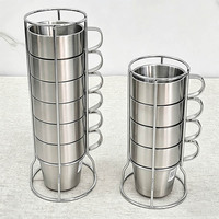 Set Cangkir Kopi Stainless Steel Grosir, Dinding Ganda Terisolasi, Dapat Ditumpuk, dengan Gagang dan Rak, Set Cangkir untuk Kopi, Teh, Susu