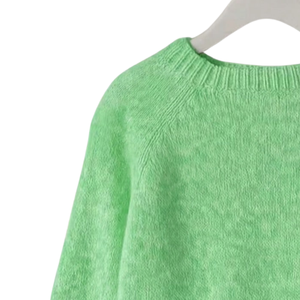 Suéter de punto de mohair verde claro para mujer, cuello redondo, manga larga, informal, suave, cálido, holgado, con puños y bajo acanalados, liso, para invierno - Product Image 4