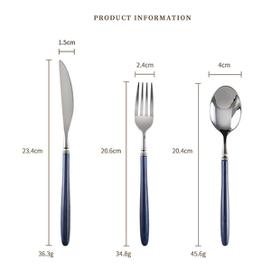 Ensemble de couverts de luxe en métal argenté, acier inoxydable 304, couteau, fourchette, cuillère, avec manche bleu - Product Image 5