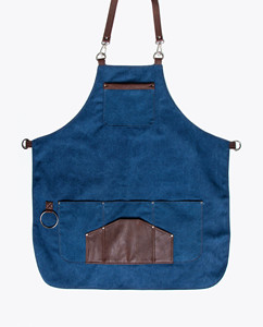 Tablier de coiffure en denim avec poches en cuir, bretelles réglables, design dos croisé, durable pour les barbiers - Product Image 1