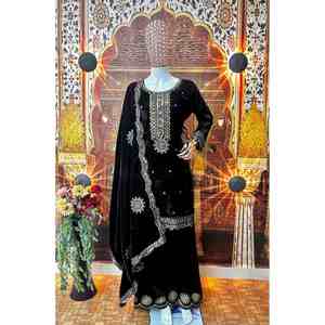 FANCY VELVET EMBROIDERY <b>LACE</b> WORK <b>TOP</b> PALAZZO WITH DUPATTA <b>BLACK</b> - Product Image 2