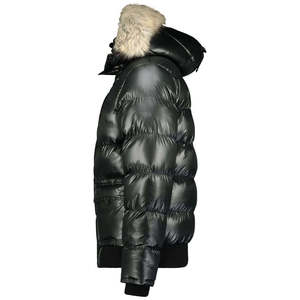 Men's Black <b>Hooded</b> Puffer <b>Jacket</b> With <b>Fur</b> Trim Zipper Closure Windproof Casual Winter Down Filled Thick Polyester Shell - Product Image 4