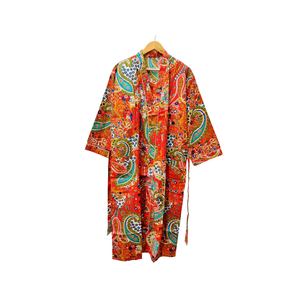 Kimono Bohemio de Algodón con Estampado Floral Naranja |   Bata de dormir de manga larga con cuello en V para mujer |   Ropa de estar por casa de alta calidad, sostenible y de diseño excepcional - Product Image 1
