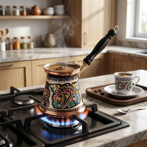 Cafetera Turca Cezve de Cobre Pintada a Mano con Esmalte Colorido, Decorativa con Diseño Floral Griego Briki, con Mango de Madera Resistente al Calor - Product Image 5