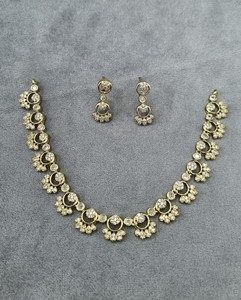 Circular Pattern American Diamond Necklace <b>Set</b> With Matching Delicate Earrings Antique <b>Gold</b> Plated And Light Weight Necklace <b>Set</b> - Product Image 3